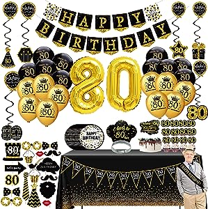 Photo 1 of 80th birthday decorations for men women - (76pack) black gold party Banner, Pennant, Hanging Swirl, birthday balloons, Tablecloths, cupcake Topper, Crown, plates, Photo Props, Sash for gifts
