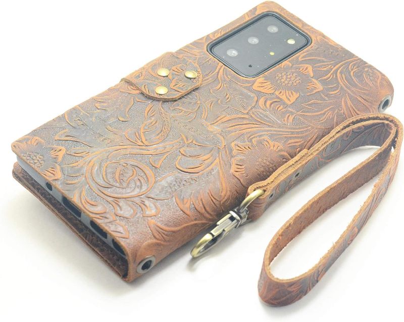 Photo 1 of JJNUSA Handmade Genuine Distressed Leather Wallet for Samsung Galaxy Note 20 Ultra 6.9 inch 2020 5G Flip Cover Case Brown
