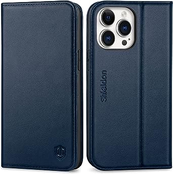 Photo 1 of SHIELDON Wallet Case for iPhone 14 Pro Max 2022, Genuine Leather Flip Cover Kickstand RFID Blocking Card Slots Magnetic Shockproof Case Compatible with iPhone 14 Pro Max 5G (6.7 Inch) - Navy Blue
