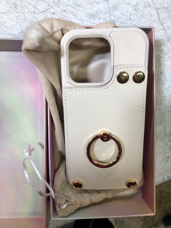 Photo 1 of LAMEEKU for iPhone 14 Pro Wallet Case 6.1'', Case with Card Holder, 360°Rotation Ring Stand, RFID Blocking Snap Button Leather Protective Case Designed for Women for Apple iPhone 14 Pro Beige (2022)
