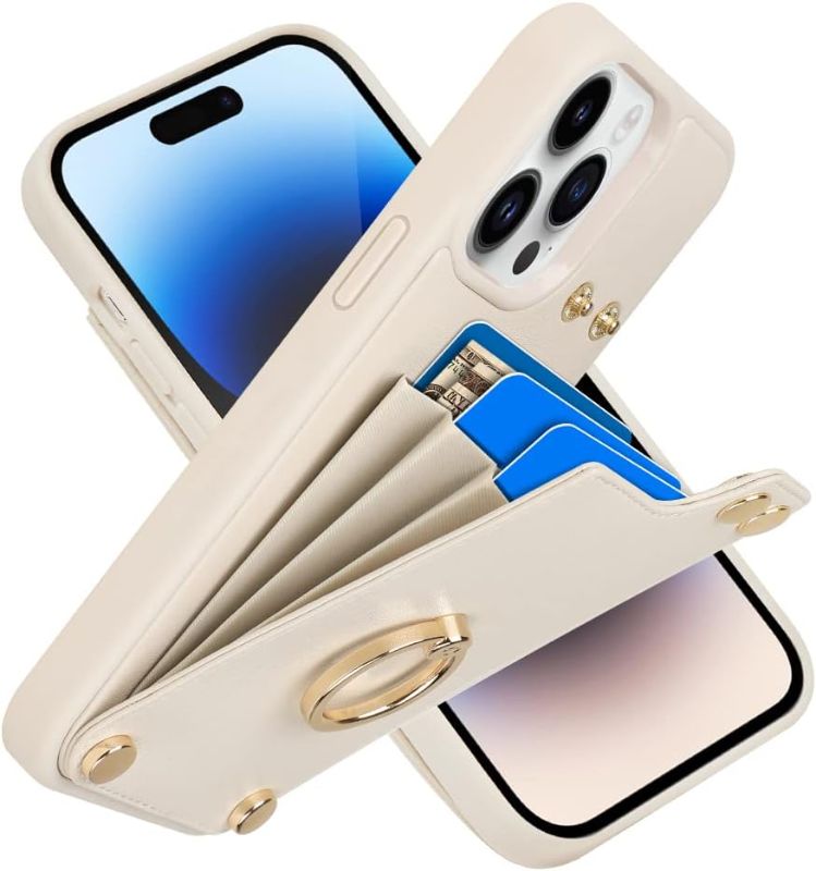 Photo 1 of LAMEEKU for iPhone 14 Pro Wallet Case 6.1'', Case with Card Holder, 360°Rotation Ring Stand, RFID Blocking Snap Button Leather Protective Case Designed for Women for Apple iPhone 14 Pro Beige (2022)
