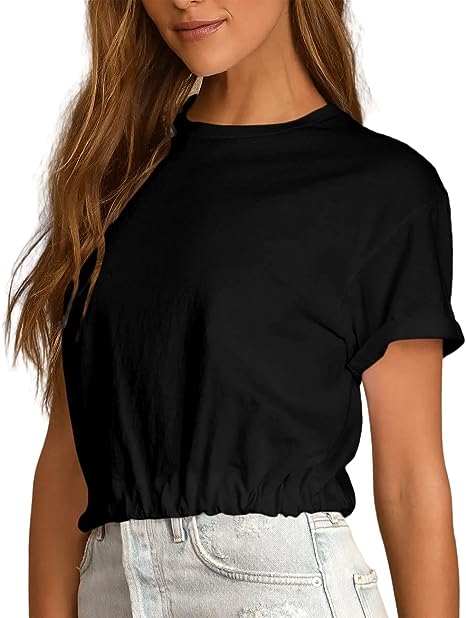 Photo 1 of  Women's Crew Neck Cropped T Shirt Drop Shoulder Short Sleeve Elastic Hem Crop Tops Summer Basic Tees L
