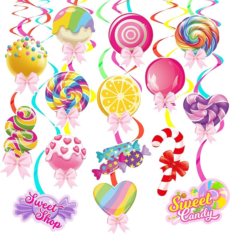 Photo 1 of 20Pcs Candyland Hanging Swirl Decorations Candy Party Hanging Swirls Colorful Lollipop Hanging Decorations Sweet Candy Decorations for Candyland Birthday Party Baby Shower Supplies
