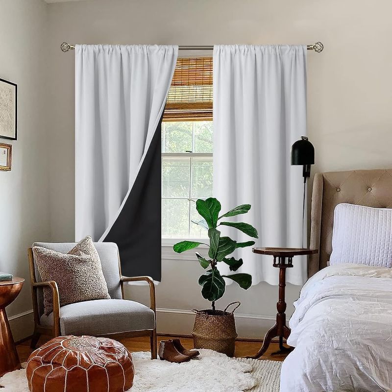 Photo 1 of BGment Thermal Insulated 100% Blackout Curtains for Bedroom with Black Liner, Double Layer Full Room Darkening Noise Reducing Rod Pocket Curtain (52 x 63 Inch, Greyish White, 2 Panels)
