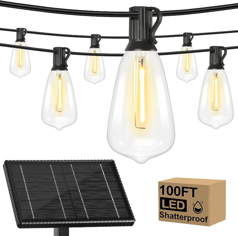 Photo 1 of  LED Solar String Lights Outdoor Waterproof, 100FT Solar Powered Patio Lights with 50+2 Shatterproof ST38 Vintage Edison Bulbs, 4 Lighting Modes Hanging Light for Outside Garden, Deck, Porch