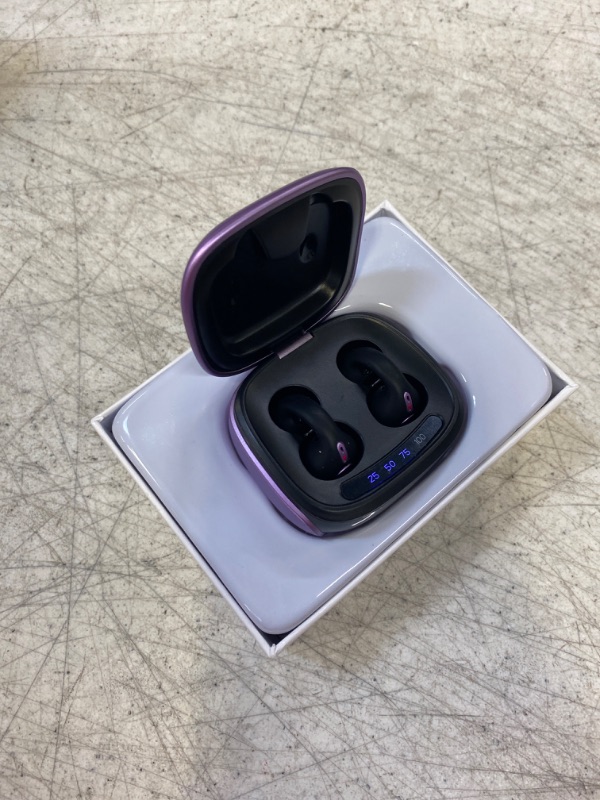 Photo 2 of Ear Clips Ear Buds Bone Conduction Earbuds for Small Ear Canals, Open Ear Earbuds Bluetooth with Earhooks Sport Clip on Headphones Up to 24 Hours Playtime Waterproof Outer Headphones Purple
