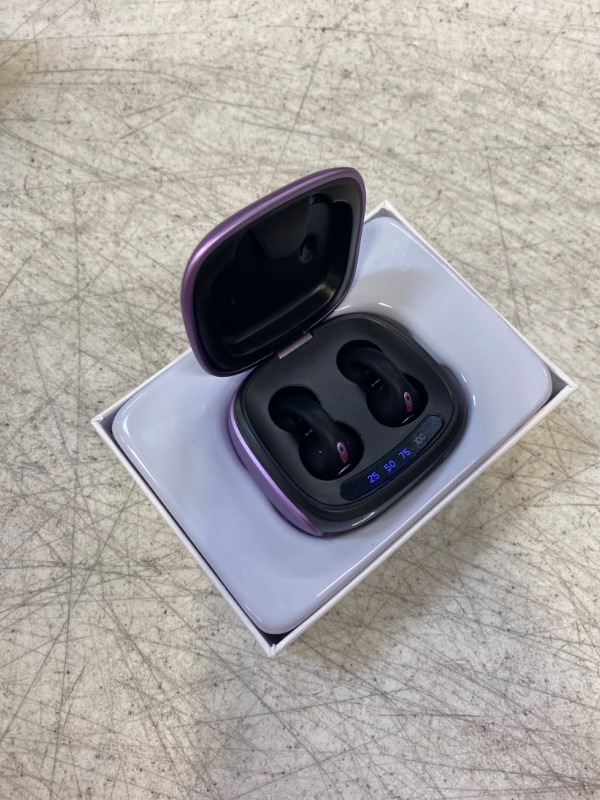 Photo 1 of Ear Clips Ear Buds Bone Conduction Earbuds for Small Ear Canals, Open Ear Earbuds Bluetooth with Earhooks Sport Clip on Headphones Up to 24 Hours Playtime Waterproof Outer Headphones Purple

