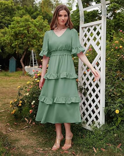 Photo 1 of Aonour Womens 2023 Summer Wedding Casual Flutter Sleeves V Neck Flowy High Waist Tiered Ruffle Midi Dress S
