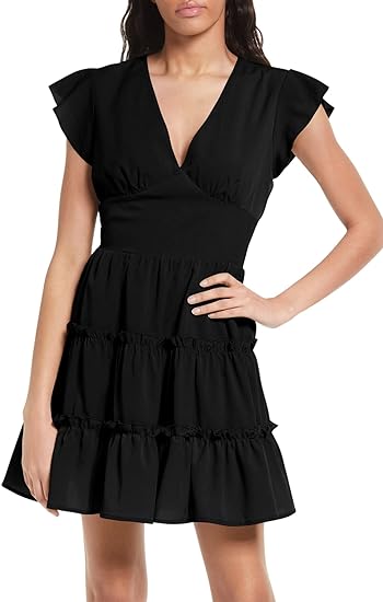 Photo 1 of Esobo Women's Backless V Neck Cap Sleeve Dresses Casual High Waisted Ruffle Tiered A Line Mini Dress M
