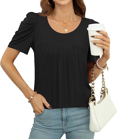Photo 1 of Anydeer Women's Puff Sleeve Tunic Top Summer Short Sleeve Pleated Casual T-Shirts Loose Blouse SIZE M