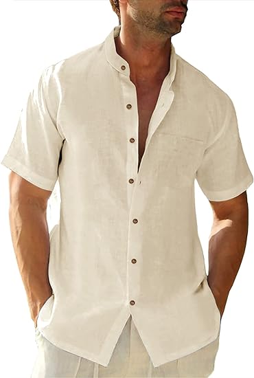 Photo 1 of Angeun Mens Linen Shirt Button Down Short Sleeve Shirts Banded Collar Workout Casual Loose Fit Summer Beach T Shirt
