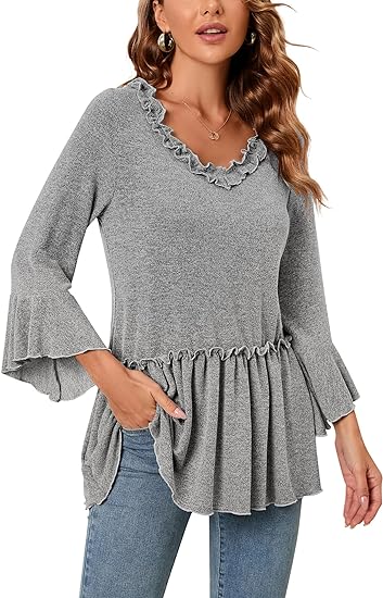 Photo 1 of Babydoll Top for Women 3/4 Sleeve Shirt Casual Ruffle Hem Loose V Neck Tops Pleated Blouses GREY M
