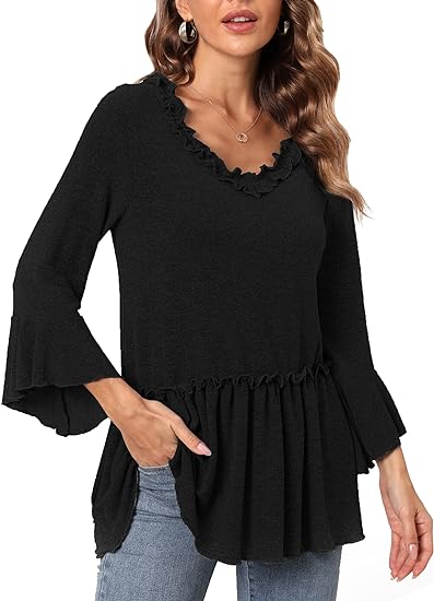 Photo 1 of Babydoll Top for Women 3/4 Sleeve Shirt Casual Ruffle Hem Loose V Neck Tops Pleated Blouses
