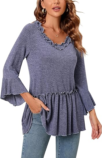 Photo 1 of Babydoll Top for Women 3/4 Sleeve Shirt Casual Ruffle Hem Loose V Neck Tops Pleated Blouses BLUE L
