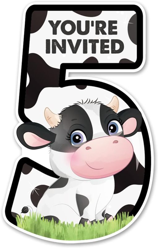 Photo 1 of 20 Cow 5th Birthday Party Invitations with Envelopes Double Sided Farm Cow Shaped Fill-in Invitations Invites for 5 Year Old

