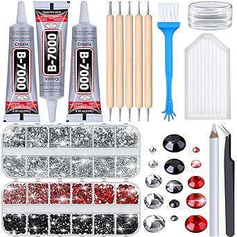 Photo 1 of B-7000 Glue for Rhinestones Crafts, 4000Pcs Upgrade Crystal Clear Flatback Rhinestones with 3Pcs Adhesive Glue Dotting Pen Wax Pencil Tray Tool for Nail Art Tumbler DIY Jewelry Beads Shoes Clothes
