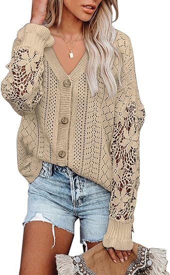 Photo 1 of AlvaQ Womens Lightweight Lace Crochet Cardigan Sweater Kimonos Casual Oversized Open Front Button Down Knit Outwear 2XL
