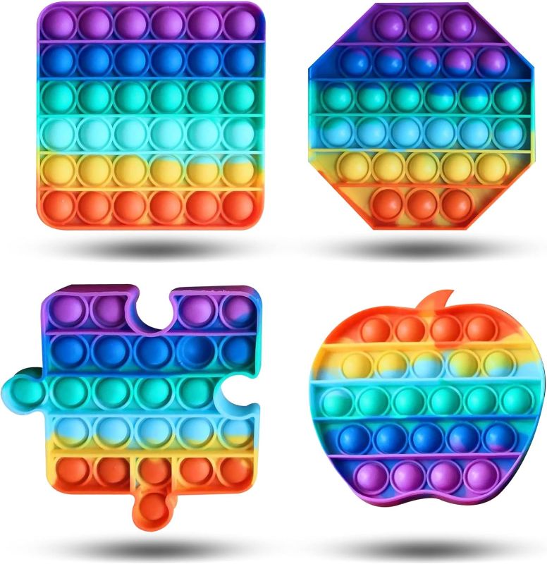 Photo 1 of Enovoe Pop Fidget Toys - 4 Pack, Push Pop Toys for Kids and Adults 6.77 x 6.5 x 3.11 in - Rainbow Bubble Fidget Poppers - Fidget Shapes - Square Octagon Apple Puzzle
