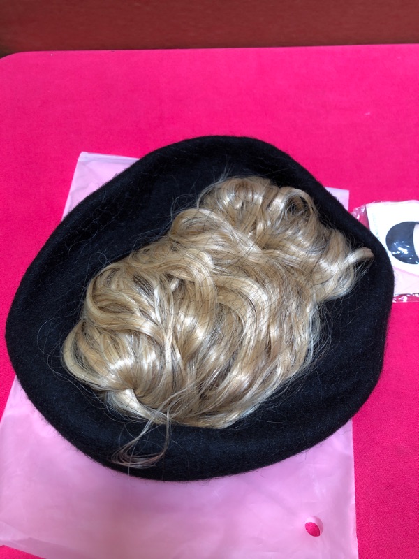 Photo 3 of 
Roll over image to zoom in
AynnQueen Beret with Hair Extensions for Women Hat with Kinky Curly Synthetic Wig Attached 8 inch Long Curly Hair Black Beret (Ginger Blonde Mix Bleach Blonde)