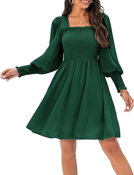 Photo 1 of Damorong Women's 2023 Spring Summer Dresses Square Neck Smocked Casual Flowy Puff Long Sleeve Ruffle Party Mini Dress Beach  large 