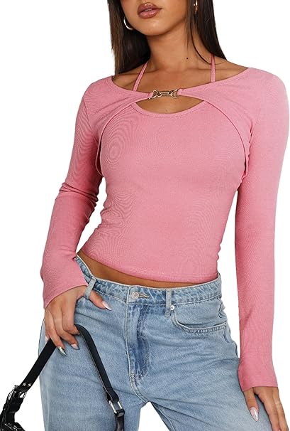 Photo 1 of Allytok Long Sleeve Crop Tops for Women Y2K Fashion Trendy Cropped Top Ribbed Tees Shirts   SIZED LARGE 