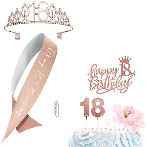 Photo 3 of 18th Birthday Gifts Decorations for Girls - Birthday Cake Topper, Balloons, Birthday Queen Sash with Pearl Pin, Tiara Crown and Candle Set, Rose Gold, Rose Gold (18th)