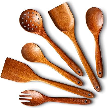 Photo 1 of 6 Piece Wooden Kitchen Utensil Set, Non-stick Oak Wood Cookware Spatulas Spoons Fork Cooking Utensils