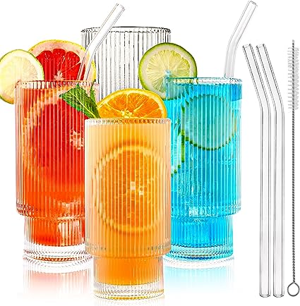 Photo 1 of Aofmee Ribbed Drinking Glasses, Ribbed Glass Cups 12 oz, Ribbed Glassware Set of 4, Tall Glasses for Drinks Iced Tea Latte Smoothie Juice, Stackable Dinner Glass with Straw, Fluted Glassware