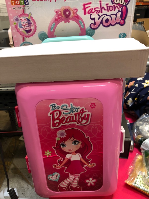 Photo 1 of deAO Vanity Set Girls Toys Beauty Vanity Dressing Table and Beauty Mirror Convertible Suitcase Portable Role Play Set with Accessories