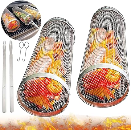 Photo 1 of 2PACK Rolling Grilling Basket For Outdoor Grill Vegetables,B BQ Grill Basket Stainless Steel Grill Mesh Portable Rolling Grill Baskets For Shrimp, Vegetables, Fries (2pcs S (7.8in?)