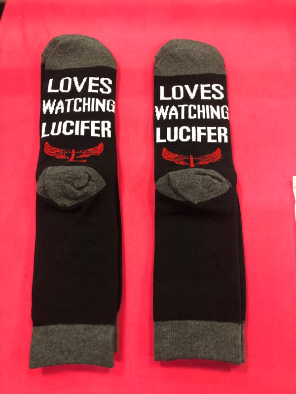 Photo 1 of  2 Pairs Lucifer TV Show Socks Lucifer Fans Gift Just A Man Who Loves Watching Lucifer Novelty Socks  LARGE 