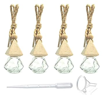 Photo 1 of 4 Pack,6ml(1/5 Fl Oz) Refillable Car Essential Oil Diffuser,Empty Car Air Freshener Pendant Perfume Aromatherapy Vials-Clear Glass Bottle With Wooden Caps & Hanging String-FREE 1 Funnel&Dropper