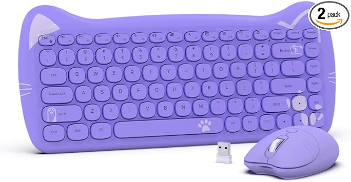 Photo 1 of NACODEX Purple Wireless Keyboard and Mouse, Portable 84 Key Round Key Cute Cat Ears Office Thin Keyboard, 2.4GHz Silent Click Mouse with 3 Adjustable DPI for Windows Laptop PC Notebook