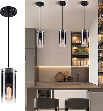 Photo 1 of 1-Light Industrial Pendant Light,Hanging Ceiling Lights with Gradual Black Transparent Glass Lampshade,Adjustable Height Farmhouse Fixtures For Kitchen,Kitchen Island,Bedroom,Living Room