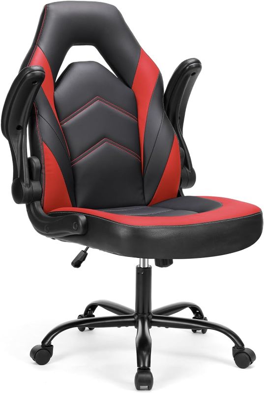 Photo 1 of Computer Gaming Desk Chair - Ergonomic Office Executive Adjustable Swivel Task PU Leather Racing Chair with Flip-up Armrest for Adults, Kids, Men, Girls, Gamer, Black Red