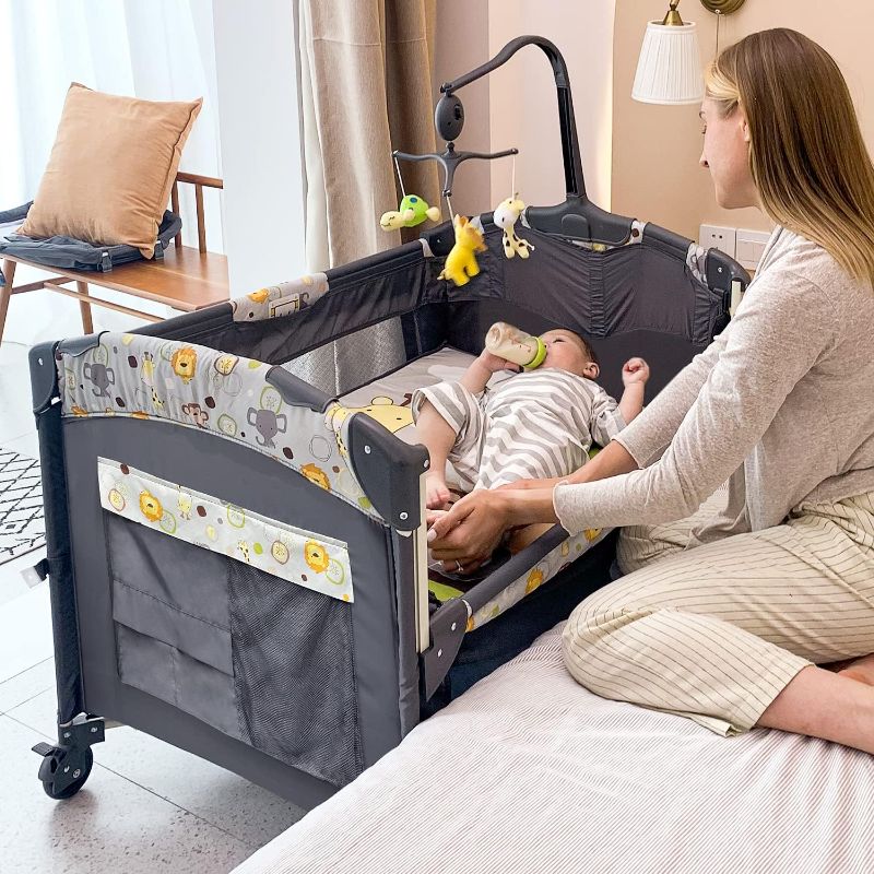 Photo 1 of 5 in 1 Baby Crib,Bedside Sleeper,Baby Bassinet, Bedside Cribs with Mattress, Foldable Baby Playard, Portable Travel Crib for Girl Boy Infant Newborn (Grey)