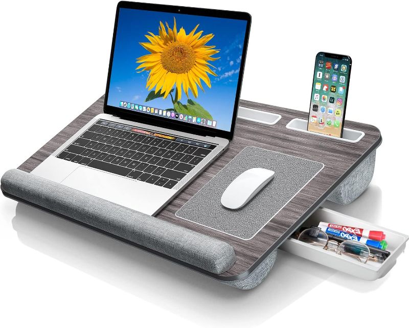 Photo 1 of Gimars Home Office Lap Desk Fits up to 17 Inches Laptop with Dual Cushion,Wrist Rest, Built-in Mouse Pad, Tablet Phone Holder and Storage Drawer,grey