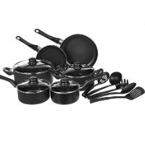 Photo 1 of Amazon Basics Non-Stick Cookware Set, Pots, Pans and Utensils - 15-Piece Set & 14-Piece Kitchen Knife Set with High-Carbon Stainless-Steel Blades and Pine Wood Block