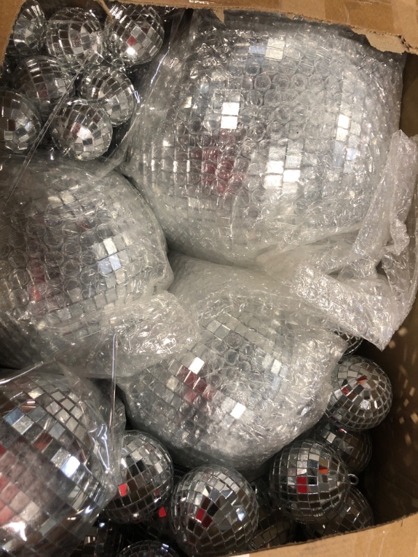 Photo 3 of 50 Pcs Disco Balls Ornaments Mini Disco Balls Silver Hanging Decorations Reflective Mirror Ball Cake Decoration 70s Disco Party Supplies for Christmas Festive (8'', 6'', 4'', 2.4'', 1.6'')