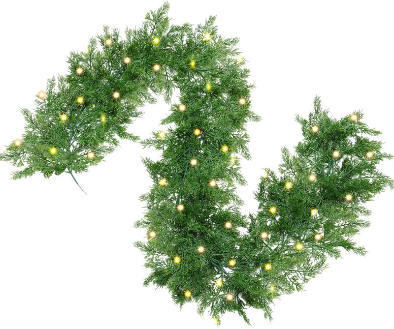 Photo 1 of  Christmas Garland Artificial Cedar Garland with 100 LED Lights String, Christmas Greenery Garland for Winter Holiday Indoor Outdoor Christmas Decor