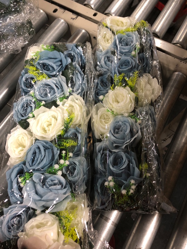 Photo 1 of BLOSMON Artificial Flowers Wedding Centerpieces Decorations Fake Flowers 2 Pcs Dusty Blue Silk Floral Arrangement Dinning Table Runner Centerpiece, Rose Flower for Room Reception Table Decor
