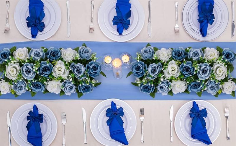 Photo 1 of BLOSMON Artificial Flowers Wedding Centerpieces Decorations Fake Flowers 2 Pcs Dusty Blue Silk Floral Arrangement Dinning Table Runner Centerpiece, Rose Flower for Room Reception Table Decor
