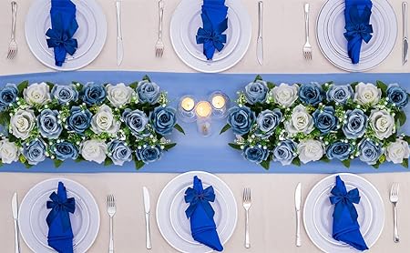 Photo 1 of BLOSMON Artificial Flowers Wedding Centerpieces Decorations Fake Flowers 2 Pcs Dusty Blue Silk Floral Arrangement Dinning Table Runner Centerpiece, Rose Flower for Room Reception Table Decor
