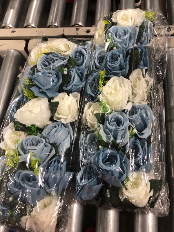 Photo 1 of BLOSMON Artificial Flowers Wedding Centerpieces Decorations Fake Flowers 2 Pcs Dusty Blue Silk Floral Arrangement Dinning Table Runner Centerpiece, Rose Flower for Room Reception Table Decor
