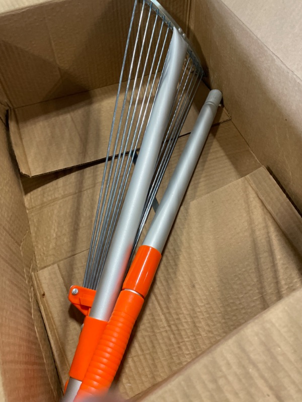 Photo 1 of Buyplus Adjustable Garden Leaf Rake - 24 to 63 Inch Telescopic Metal Rake, Expandable Folding Leaves Rake for Lawn Yard, Flowers Beds and Roof Orange