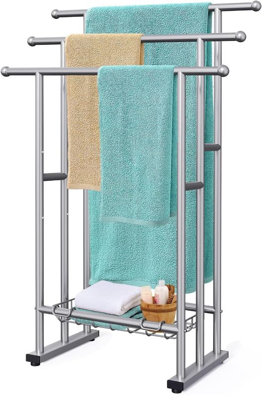 Photo 1 of 40" Tall Freestanding Towel Racks for Bathroom, 3 Tier Floor Towel Rack with Storage Basket, Blanket Ladder Drying and Display Rack for Large Bath & Hand Towel Outdoor Poolside (Silver)