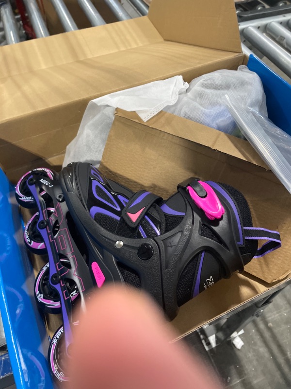 Photo 2 of 2PM SPORTS Vinal Girls Adjustable Flashing Inline Skates, All Wheels Light Up, Fun Illuminating Skates for Kids and Men- Azure Small (1Y-4Y US) Violet & Magenta Medium - Big Kid (1-4 US)