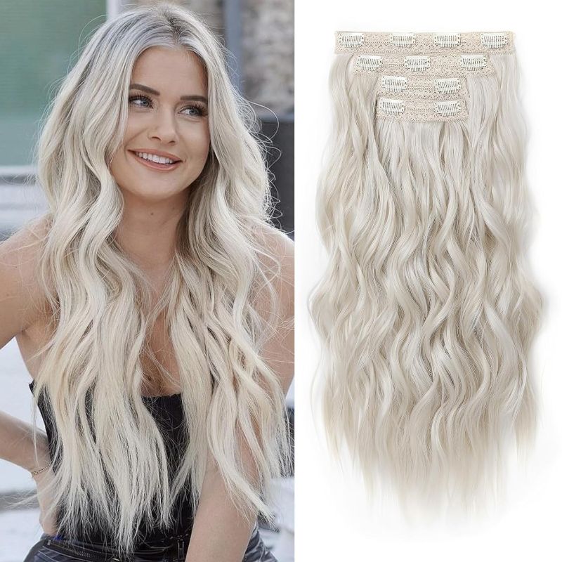 Photo 1 of 
REECHO Clip in Hair Extensions, 4PCS Blonde Hair Extensions 24" Thick Long Beach Waves hair extensions HE003 Invisible Lace Weft Natural Soft Hairpieces for Women – Platinum Blonde
