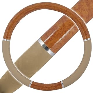 Photo 1 of BDK Light Wood Grain Car Steering Wheel Cover, Standard 15 inch with Beige Faux Leather Grip, Made to Fit Most Auto Truck Van SUV Beige / Light Wood