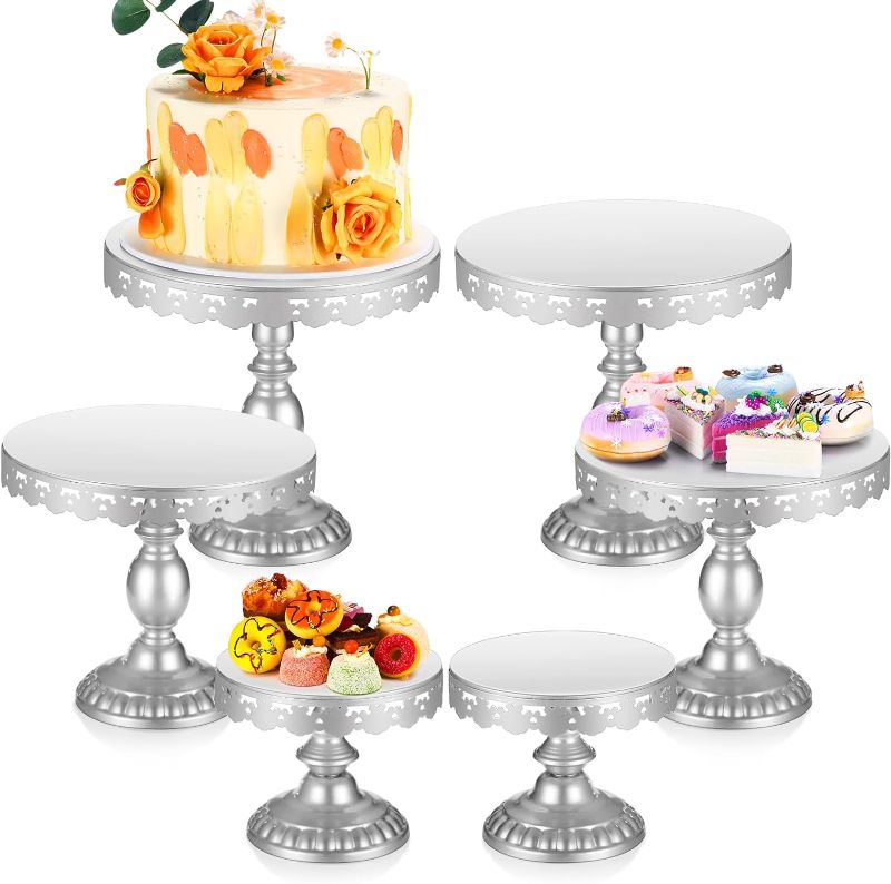 Photo 1 of 6 Pcs Cake Stands Round Dessert Stands Set Cupcake Display Stands Dessert Table Display Cake Pedestal Holder for Baby Shower Wedding Birthday Party Decoration (Silver)
